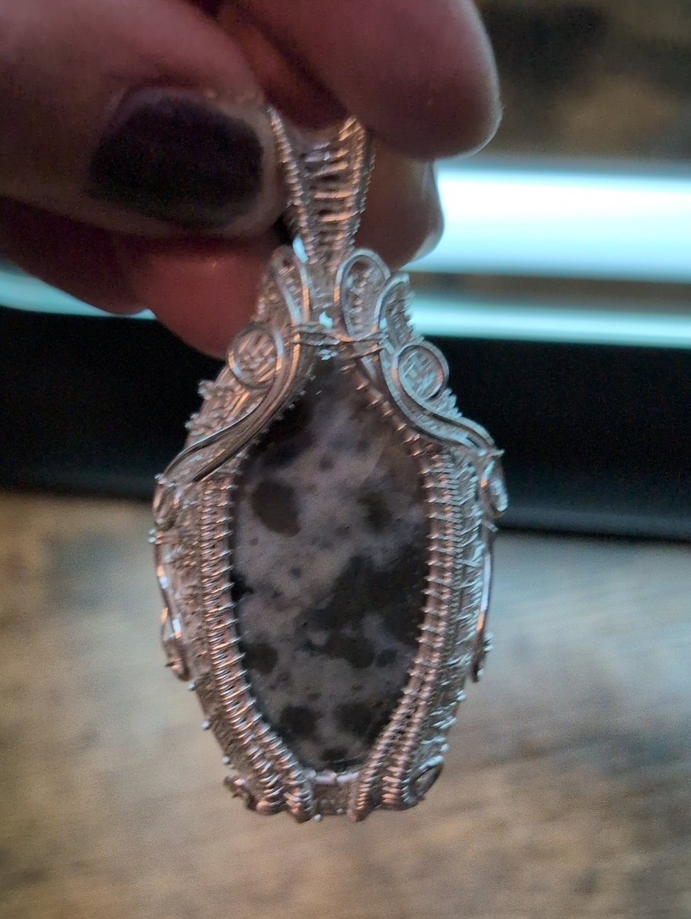 Silver Black and White Dalmation Stone Pendant